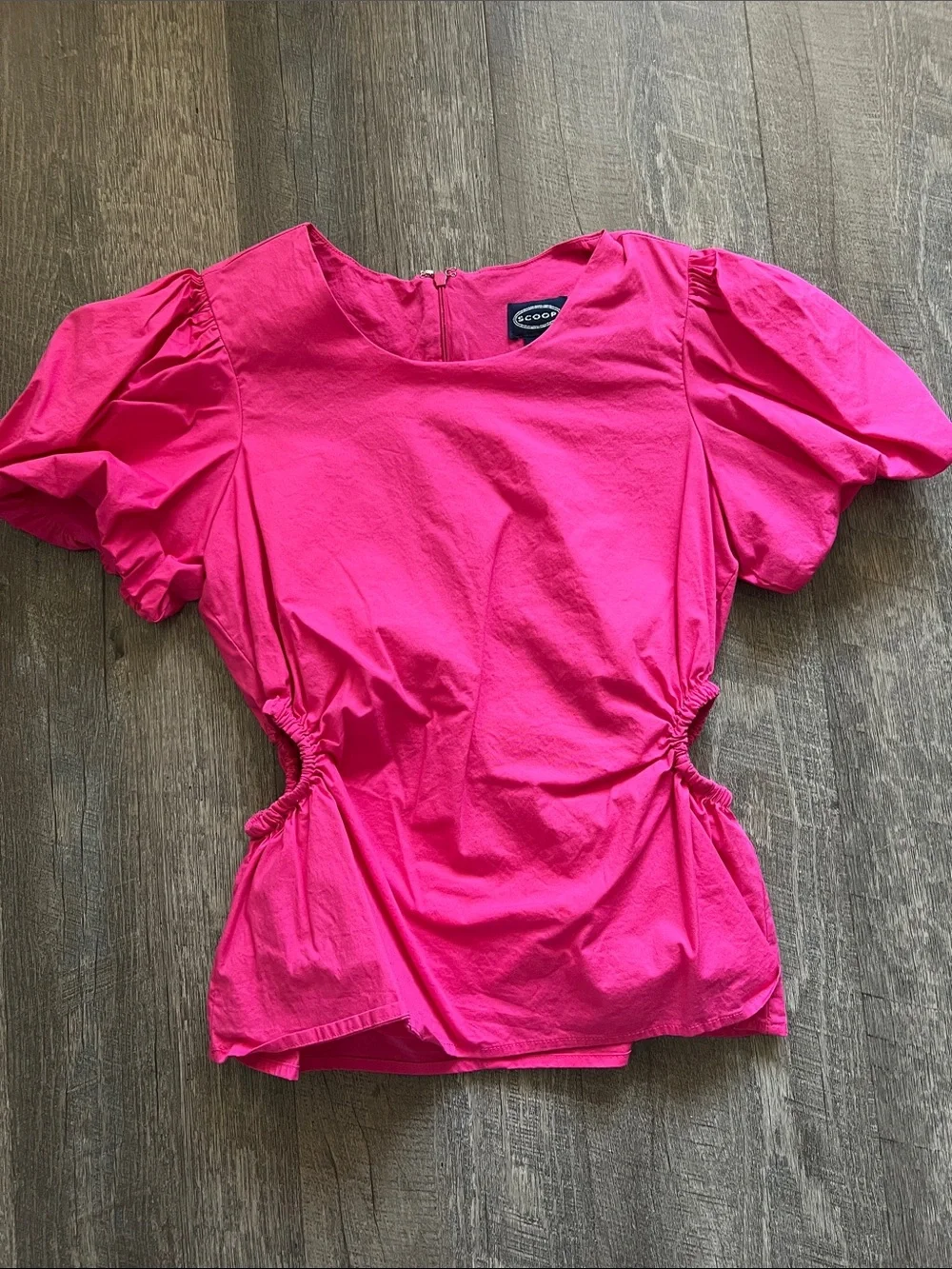 Scoop Bright Pink Puff Sleeve Cinched Waist Blouse